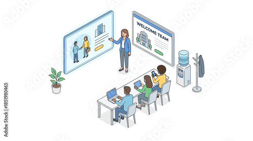 Isometric illustration of a woman presenting data on a large screen to a team of four people working at computers in a modern office setting with a plant and water cooler.