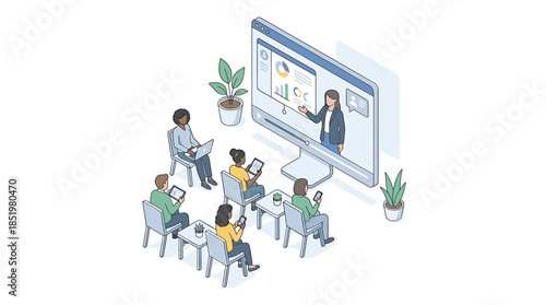 Isometric illustration of a diverse team collaborating in a virtual meeting with a presenter on a large computer screen and plants in a modern office setting with a professional mood.