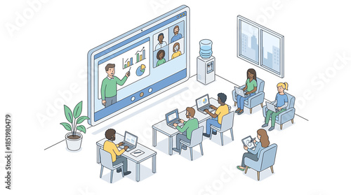 Isometric illustration of a diverse group of people in a modern office setting with a large screen display and a water cooler.