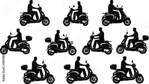 Scooter rider silhouettes collection showing people riding motor scooters urban transportation lifestyle isolated on white background vector illustration set
