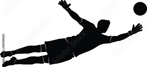 Soccer goalkeeper diving silhouette, dramatic save action, football goalie mid air, sports defense concept, isolated black figure illustration