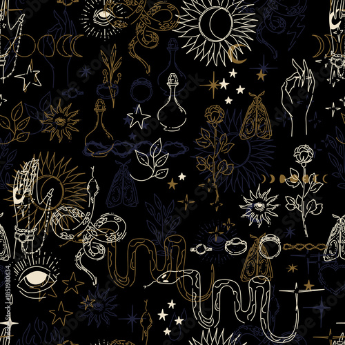 Seamless golden pattern in tattoo style on black background. Magical and esoteric symbols with an overlay effect. Vector illustration.
