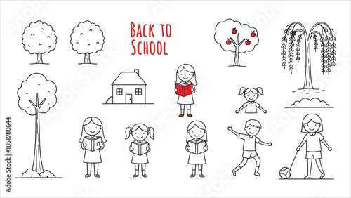 Vector Illustration Set for "Back to School": Kids, Trees, and House Line Art

