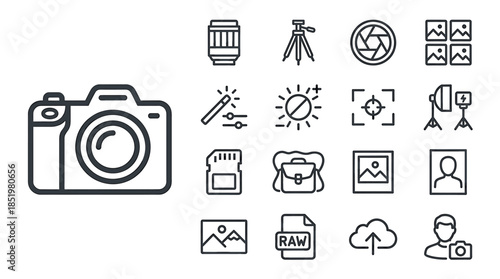 A collection of black line icons depicting photography and editing tools on a white background with a graphic resources theme.