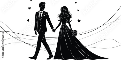 Black silhouette of elegant bride and groom holding hands and walking with floating hearts for wedding invitation and Valentine’s Day.