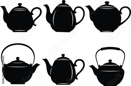 Teapot silhouette collection, black tea kettle icons set, ceramic kitchen drinkware, traditional brewing utensils, cad drawing flat vector illustration