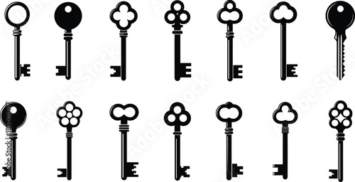 Vintage key silhouettes set, classic door lock keys collection, security access symbols, antique metal keys, isolated black illustration