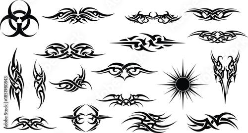 Tribal tattoo design collection with abstract symbols flame sun wings biohazard gothic vector silhouettes isolated on white background