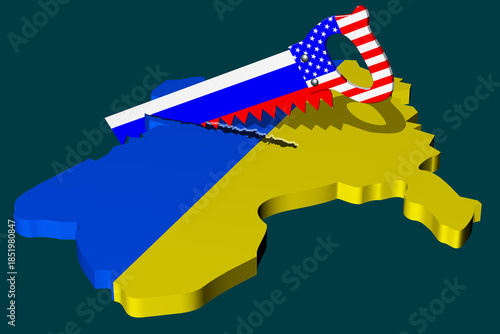 The war in Ukraine. Abstract 3d illustration with symbolic national flags of the conflicting countries.