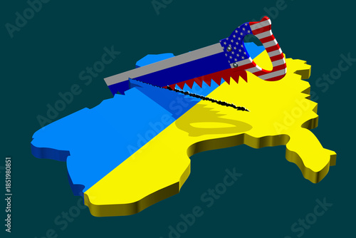 The war in Ukraine. Abstract 3d illustration with symbolic national flags of the conflicting countries.