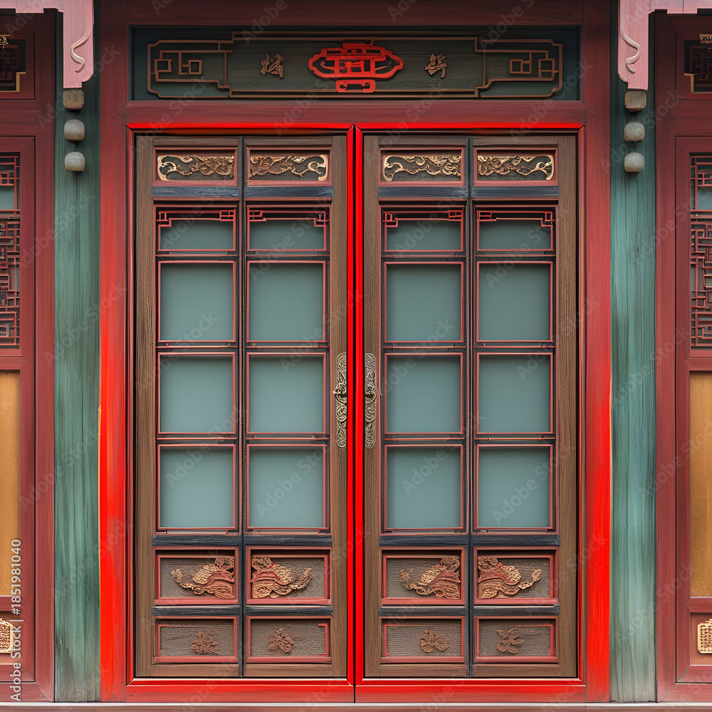 Fototapeta premium Asian window door red line ornament decoration