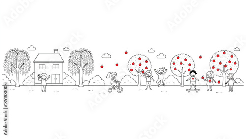 Vector Set of Kids Playing Outdoors Line Art: House, Trees, Skateboard, Tricycle, and Dog Illustrations for Educational or Design Projects
