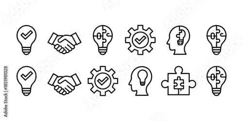 Innovation inspiration and creative idea icon symbol, business solution set, vector illustration of brainstorming, light bulb symbols, thought leadership, strategic planning, productivity tools, 