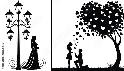 Black silhouette of marriage proposal under heart tree and elegant street lamp for Valentine’s Day wedding or romantic engagement card.