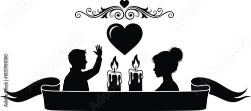 Black silhouette of romantic couple at dinner with candles, heart, and banner for Valentine’s Day, wedding, or elegant anniversary celebration.