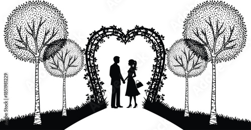 Black silhouette of romantic couple holding hands under heart shaped trellis in garden with trees for Valentine’s Day and wedding.