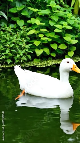 Wallpaper Mural A white duck with an orange bill floats calmly on deep green water with lush foliage behind Torontodigital.ca