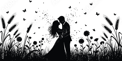 Black silhouette of romantic couple hugging in meadow with butterflies and flowers for Valentine’s Day wedding or engagement card design.