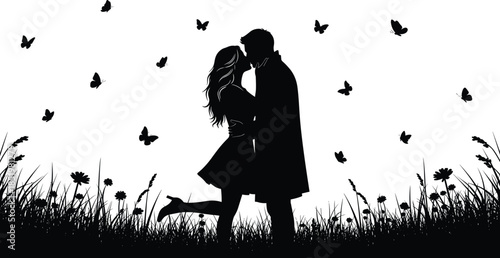 Black silhouette of romantic couple kissing in meadow with butterflies and grass for Valentine’s Day wedding or engagement card design.
