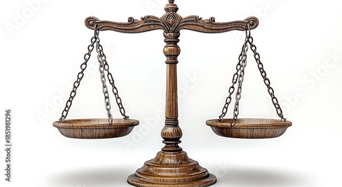 Antique wooden balance scales with chains and empty pans justice