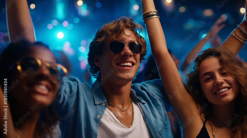 Obraz premium Energetic group of faceless teens celebrating together in joyful dance and applause, youth enthusiasm and friendship, defocused party setting, with copy space