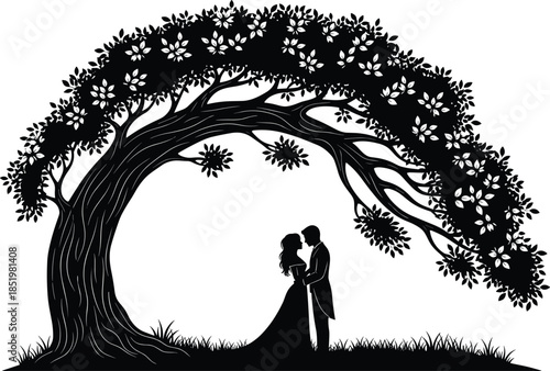 Black silhouette of romantic couple standing under large leafy tree in grass field for wedding invitation and Valentine’s Day design.