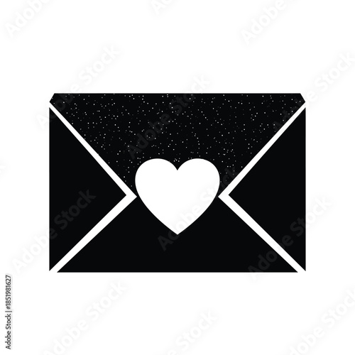 a simple and elegant icon depicting a black envelope with an open flap and a prominent white heart symbol inside