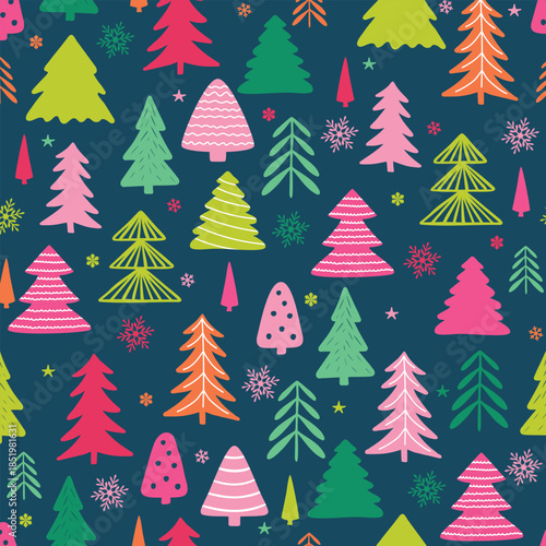 Colorful Christmas tree seamless pattern with hand-drawn firs, snowflakes, and stars on a dark blue background