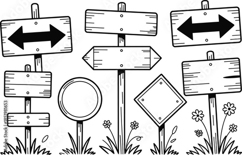 Collection of Wooden Signpost Directional Arrows and Blank Signs with Arrows, Circles, and Diamond Shapes, Rustic Hand-Drawn Style, Vector Illustration for Navigation, Information, and Outdoor Themes