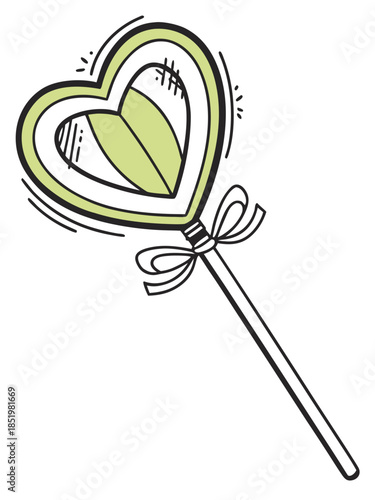 A cute cartoon heart-shaped lollipop on a stick, with light green candy, a ribbon bow, and sparkly motion lines.