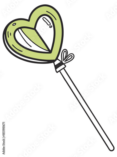 A cute cartoon heart-shaped lollipop on a stick, with light green candy, a ribbon bow, and sparkly motion lines.