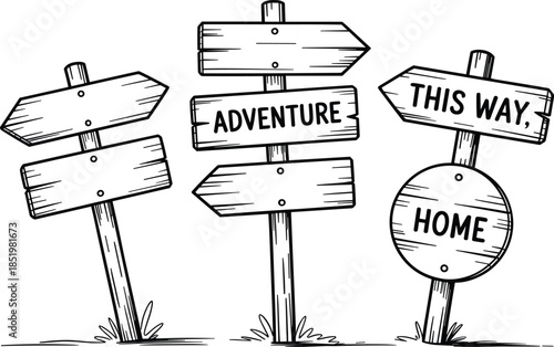 Hand-Drawn Wooden Signpost Collection Vector Illustration Blank Directional and Circular Signs with Grass and Wheat Elements for Navigation, Information, or Travel Themed Designs