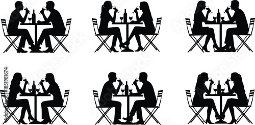 Collection of black silhouettes featuring romantic couples drinking wine at small tables for Valentine’s Day wedding and anniversary dinner designs.