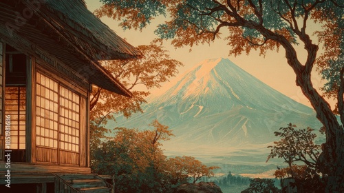 Mount Fuji, embodying the profound Japanese aesthetic of symbol of majesty and permanence, rendered in ukiyo-e technique, capturing the essence of autumn with wabi-sabi philosophy
