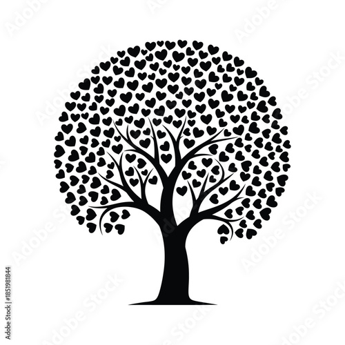 a striking black and white illustration depicts a tree whose leaves are creatively formed by numerous small hearts creating a lovely
