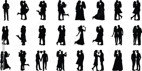 Collection of black silhouettes featuring romantic couples in various poses of hugging kissing and dancing for Valentine’s Day and wedding.