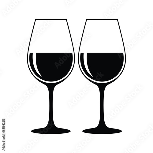 a simple black and white illustration depicts two wine glasses filled with a dark liquid suggesting a celebratory or relaxing occasion