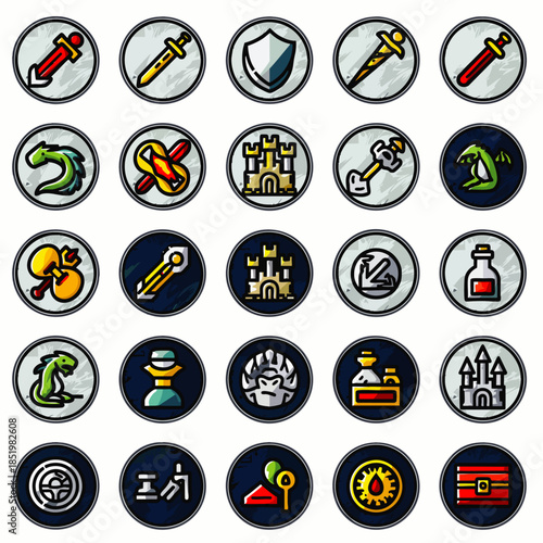 A comprehensive collection of vibrant, hand-drawn fantasy game icons featuring weapons, creatures, and magical items, perfect for user interface design.