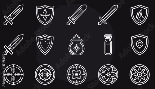 A diverse collection of white outline fantasy game icons, including swords, shields, potions, and mystical emblems, presented on a dark background.