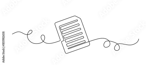 Continuous line drawing of a document or paper with scribbled text, isolated on continuous one line art of vector illustration