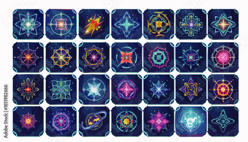 A vibrant collection of glowing abstract cosmic symbols and futuristic geometric icons, perfect for digital art, gaming, or mystical design projects.