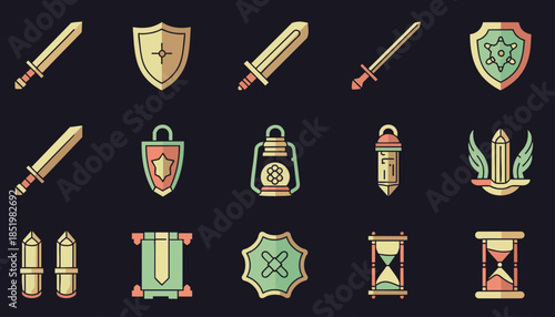 A comprehensive collection of flat design fantasy game icons, featuring swords, shields, magic items, and time-related objects, perfect for digital projects.