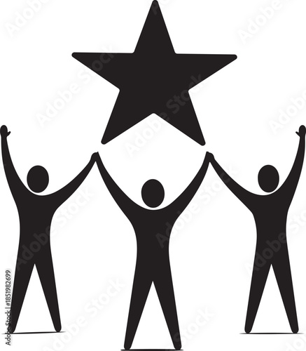 Three Silhouettes Holding Up a Large Star Keywords: teamwork, unity, success, star, holding up, people, silhouette, group, achievement, celebration, victory, collaboration, partnership, together
