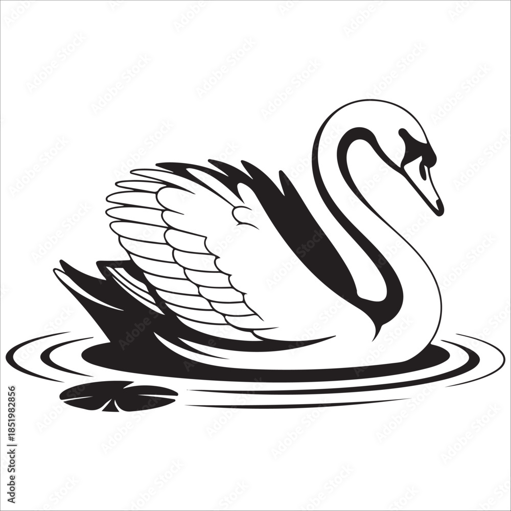 Fototapeta premium A vector illustration of a black swan bird silhouette floating on a lake with nature design elements and an artistic wildlife feather drawing