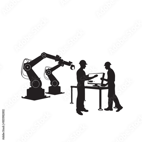 Two factory workers in hard hats operating a robotic arm at a computer workstation male silhouette