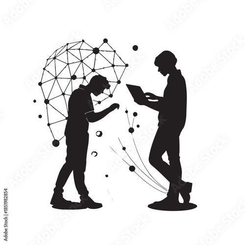Two silhouettes of people interacting with a digital network sphere and laptop woman