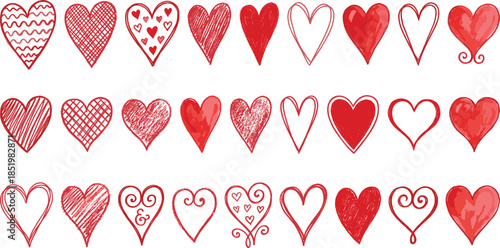 Hand drawn red heart illustration set with romantic doodle styles for love, valentine, wedding, greeting design elements isolated vector collection