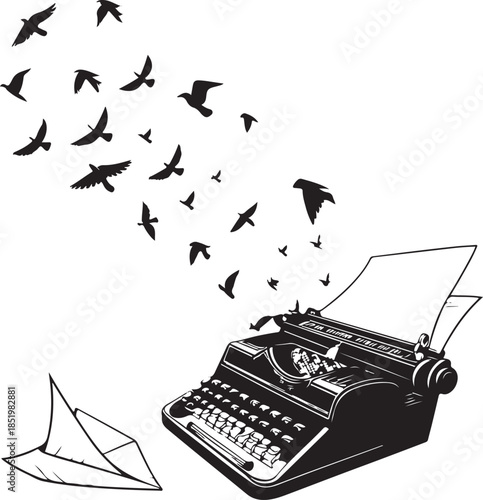 Typewriter with Paper Airplane and Flying Birds Keywords: typewriter, vintage, writing, creativity, inspiration, freedom, birds, flying, flock, paper airplane, origami, literature, story, concept