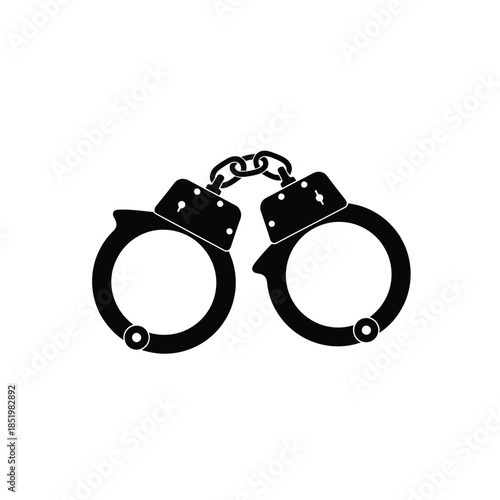 a simple black and white illustration depicts a pair of closed metal handcuffs suggesting themes of law enforcement and detention