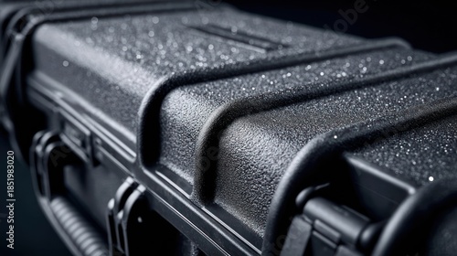 Close-up of a rugged black protective case with water droplets.